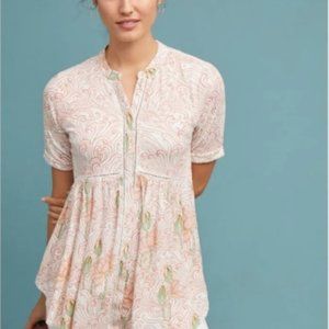 Anthropologie Akemi + Kin Veria Peplum Tunic Tan Size S Floral Short Sleeve